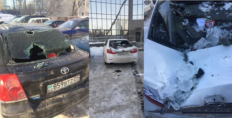 Рухнувшие с ЖК сосульки разбили три Toyota в Алматы 
