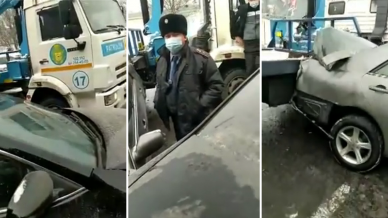 Полицейский на эвакуаторе врезался в припаркованные авто в Алматы
