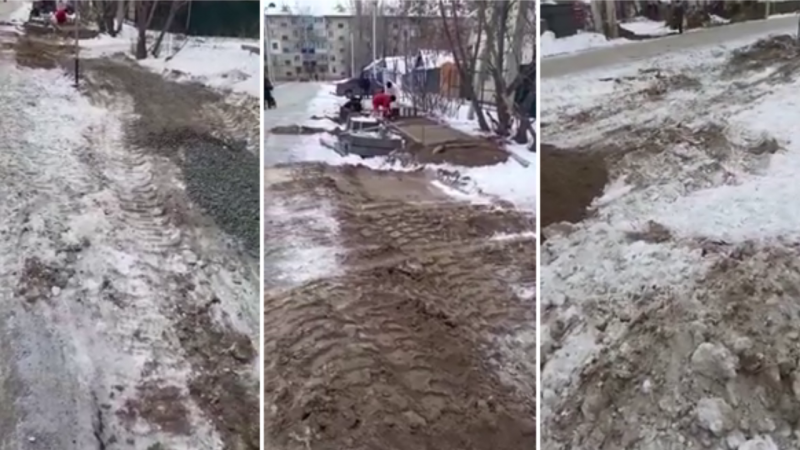Жители Уральска сняли на видео, как брусчатку укладывают прямо на снег